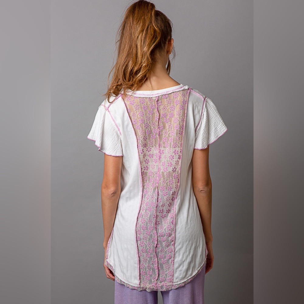 POL Ivory Lavender Top | Short Sleeve | Purple Lace | Raw Hem - Picture 3 of 6